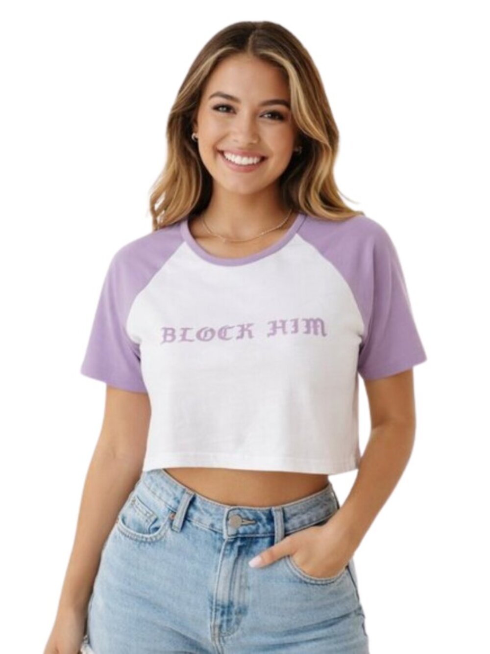 Barstool Sports Block Him Crop Top Graphic Baby Tee Lavender White Medium